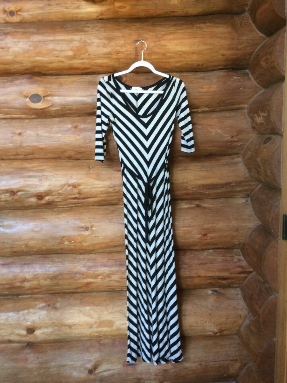 Calvin Klein EUC Black & Gray Striped Belted Boho Festival Maxi Dress Size 4